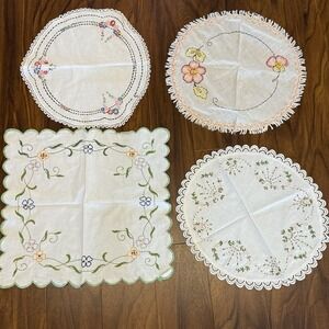 VTG Hand Embroidered Floral Dresser Scarves Doilies Set of 4 Lace Scalloped Edge